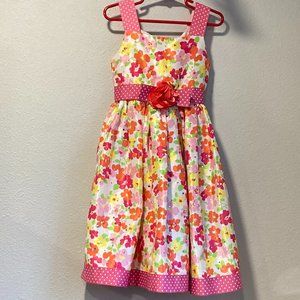 Youngland  Size 6  Girls Spring Dress Floral Ribbon Sash Attached Slip Polka Dot